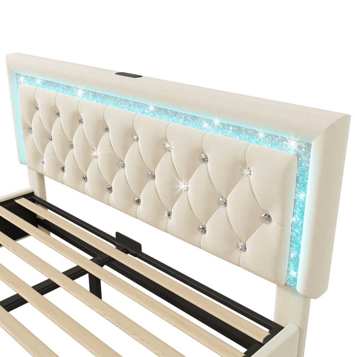 POLSTERBETT aus Samt 140x200 cm Beige mit LED-Beleuchtung, USB/Type-C und hydraulischem Bettkasten - Beige, Textil (140/200cm) - IVMEU