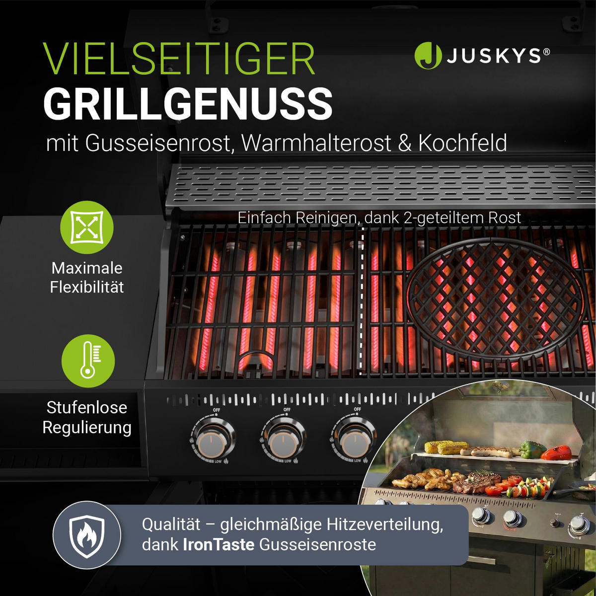 GASGRILL Tennessee Schwarz 6+1 - Schwarz, Metall (145/117/55cm) - Juskys