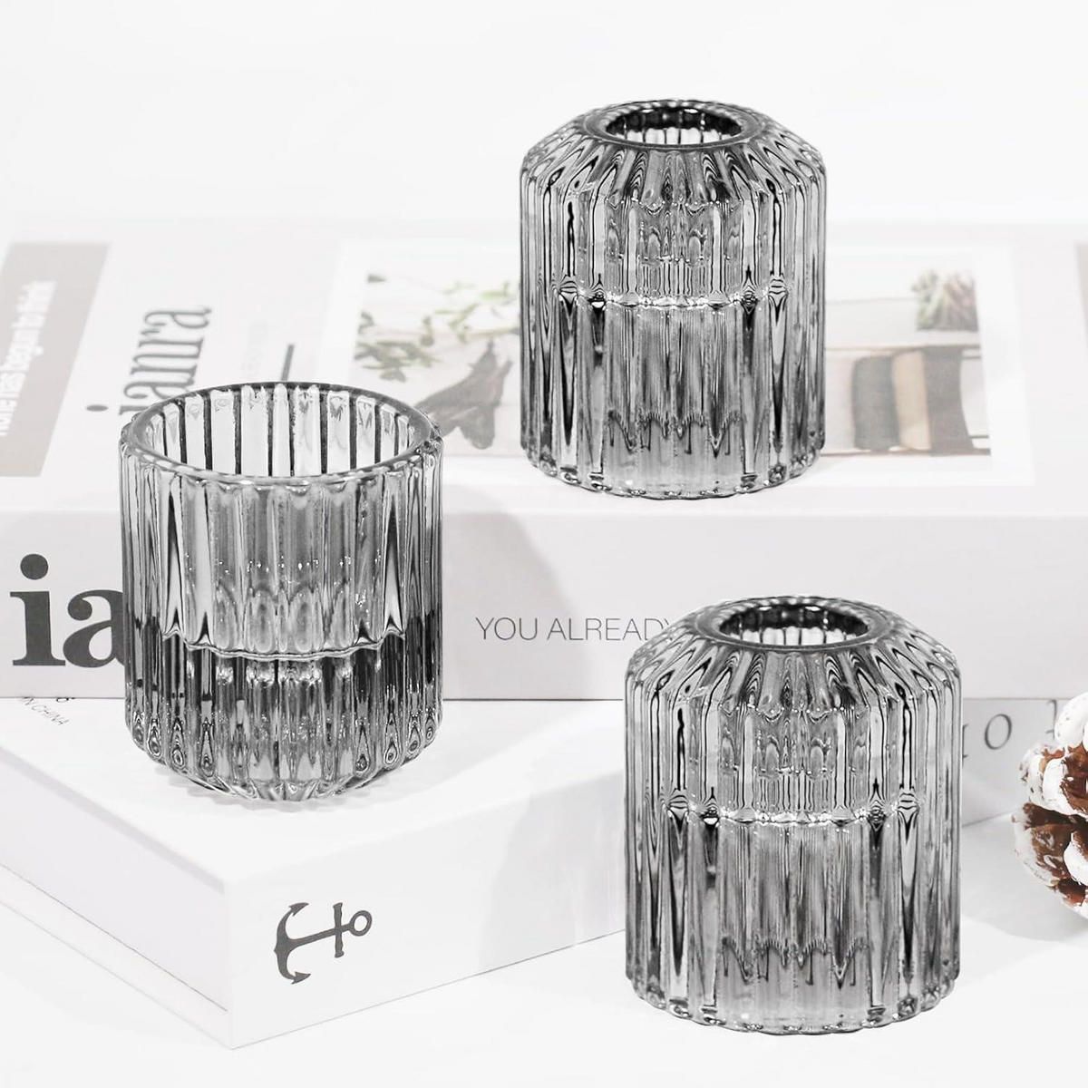 KERZENHALTER 3-teiliges Set Glas Grau - Grau, Glas (5/5/6cm)