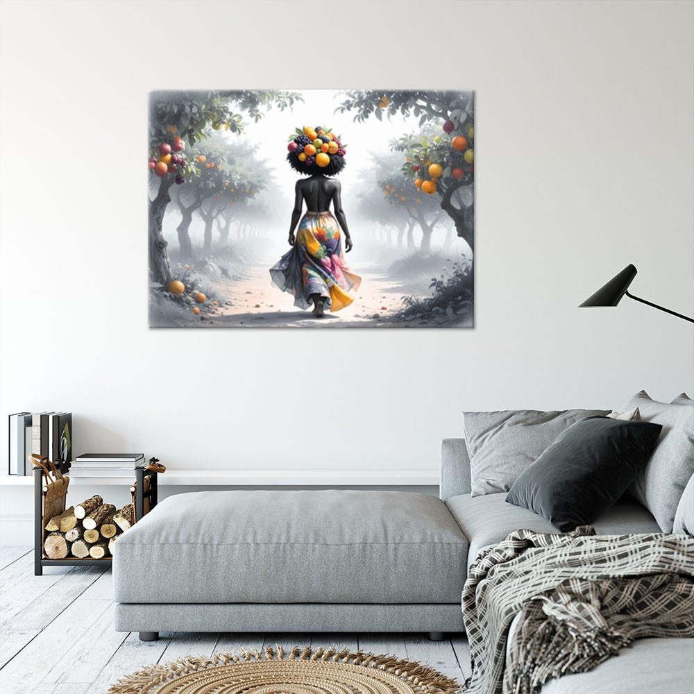 LEINWANDBILD Frau mit Früchten auf dem Kopf 120x80cm - Grau, Textil (120/80cm) - Feeby