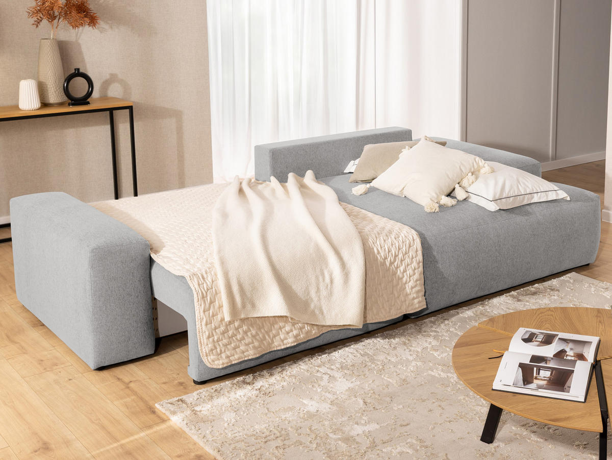 ECKSOFA Lennon aus Hellgrau Strukturstoff mit Schlaffunktion und Bettkasten - Hellgrau/Schwarz, Holz/Kunststoff (264/137cm) - S-Style