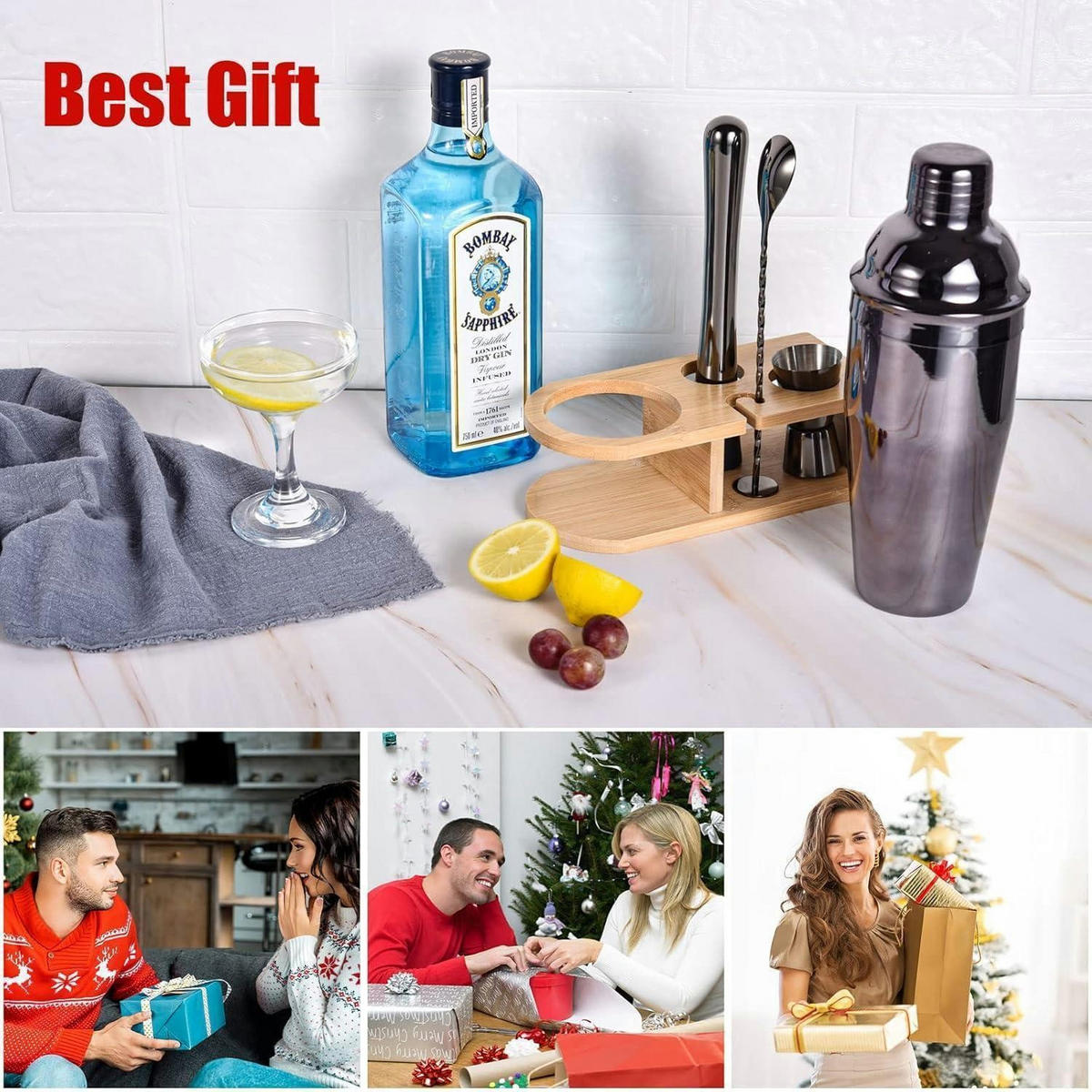 COCKTAIL Shaker Set 5-teilig 750 ml Edelstahl mit Holzständer - Multicolor, Metall (17.1/13.7/21.9cm)