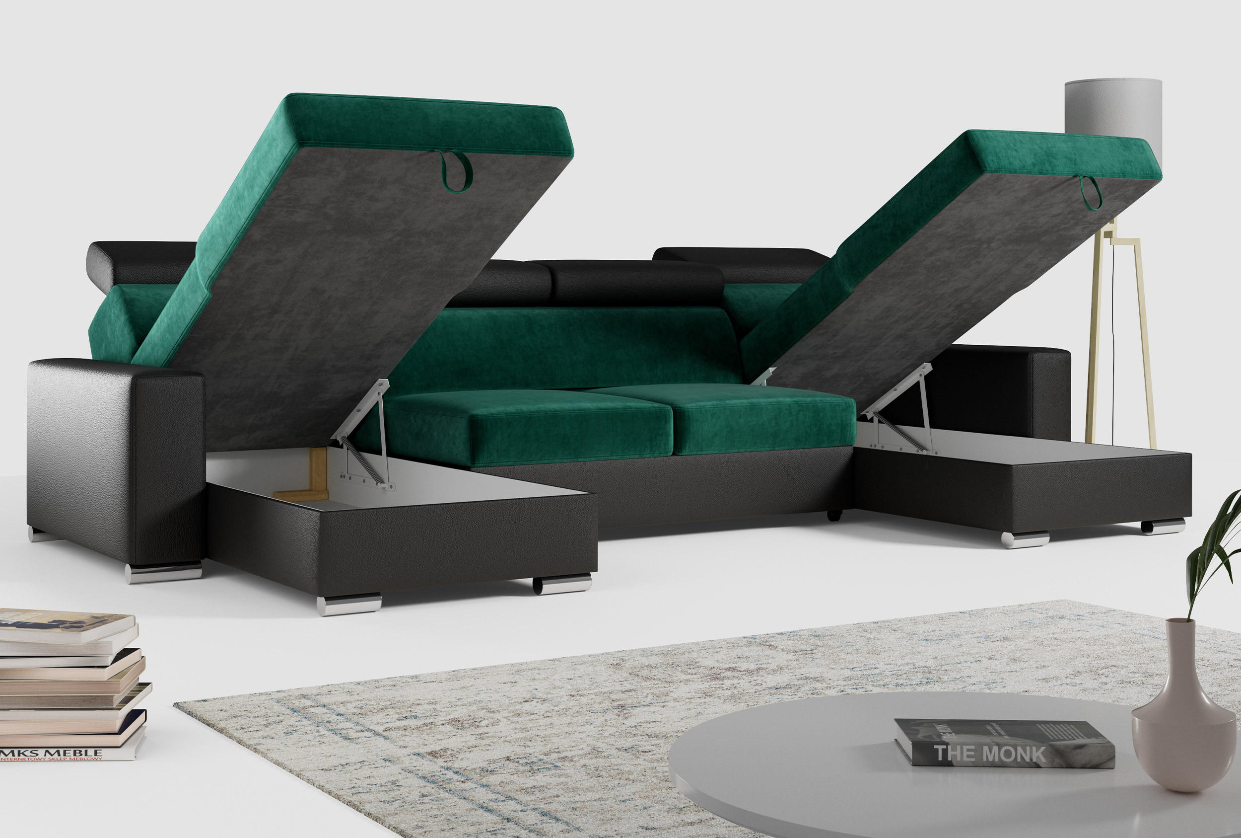 Thumbnail - MKS Wohnlandschaft, Dunkelgrün, Schwarz, Textil, 6-Sitzer, U-Form, 306x98x168 cm, Wohnzimmer, Sofas & Couches, Wohnlands...
