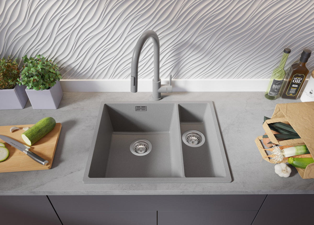 GRANITSPÜLE London Slim Duo, 2-er set Grau 56/47 cm 1,5 Becken + Küchenarmatur 38/14 cm + Ablauf-Set ab 60er Unterschrank - Chromfarben/Grau, Kunststoff (56/20/47cm) - Primagran