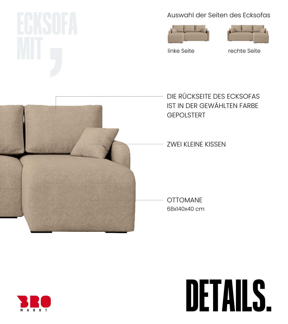 ECKSOFA Malen mit Schlaffunktion Beige Bouclé - Creme, Textil (215/141cm) - Bromarkt