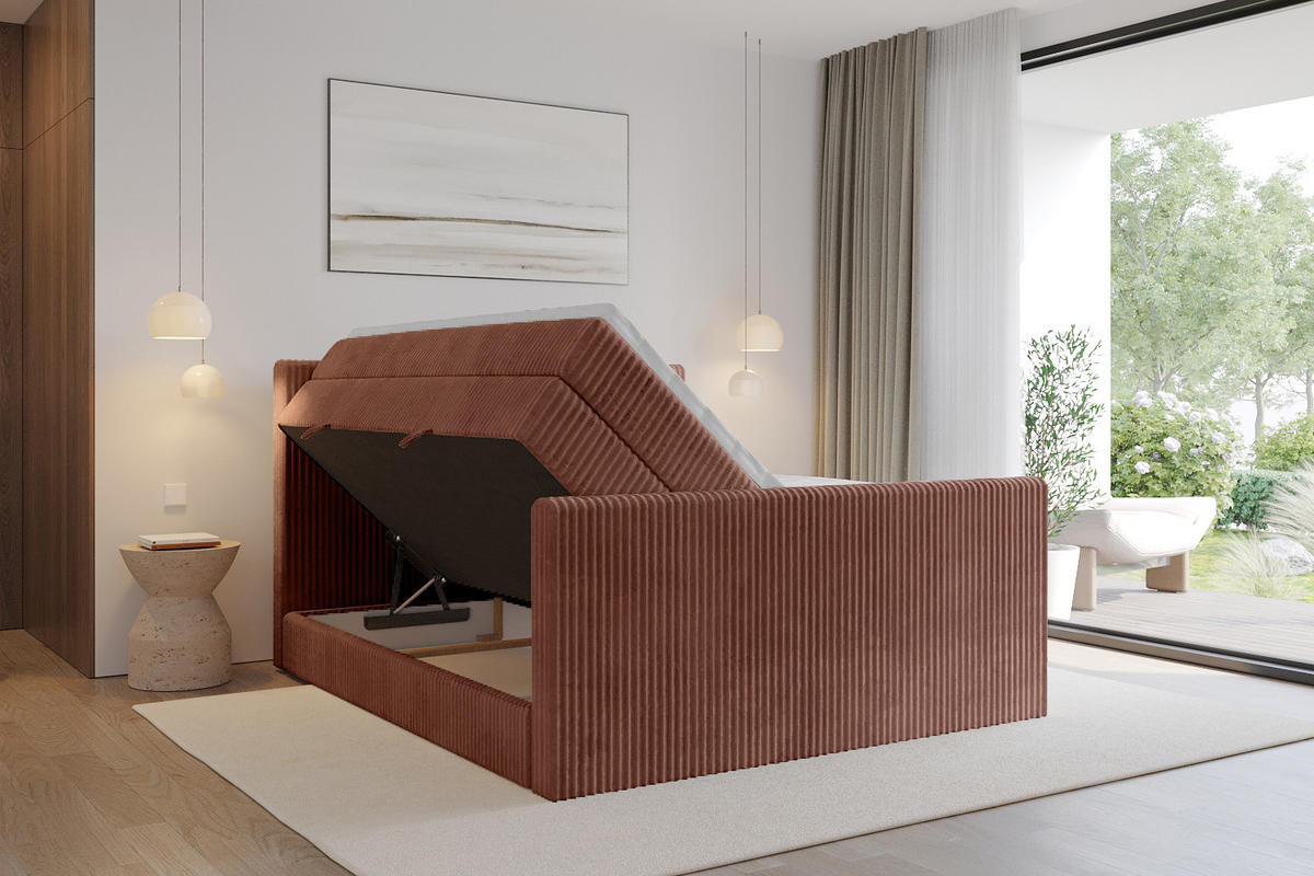 BOXSPRINGBETT mit Matratze H3|H4 und Lattenrost - TOLO-Z KING 200x200 Cord - Ziegelrot - Rostfarben, Holzwerkstoff (200/200cm) - ALTDECOR