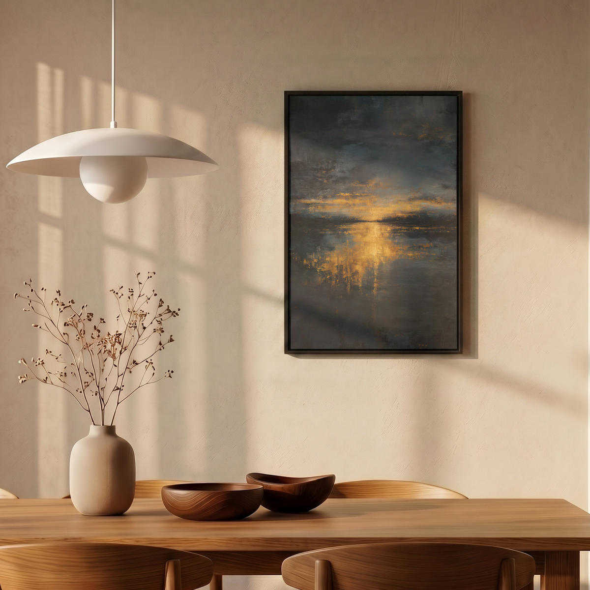 LEINWAND Bilder mit Rahmen - Goldene Reflexion auf dem Wasser - 40x60 - Anthrazit, Textil (40/60cm) - MuchoWow