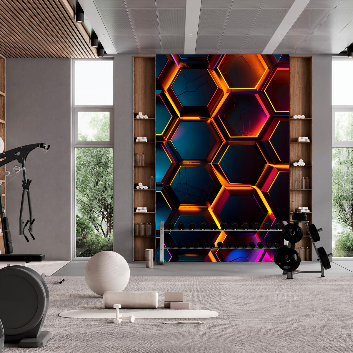 FOTOTAPETE für Jugendzimmer Schwarz Neon Hexagone 400x280 - Gelb/Schwarz, Papier (400/280cm) - Muralo