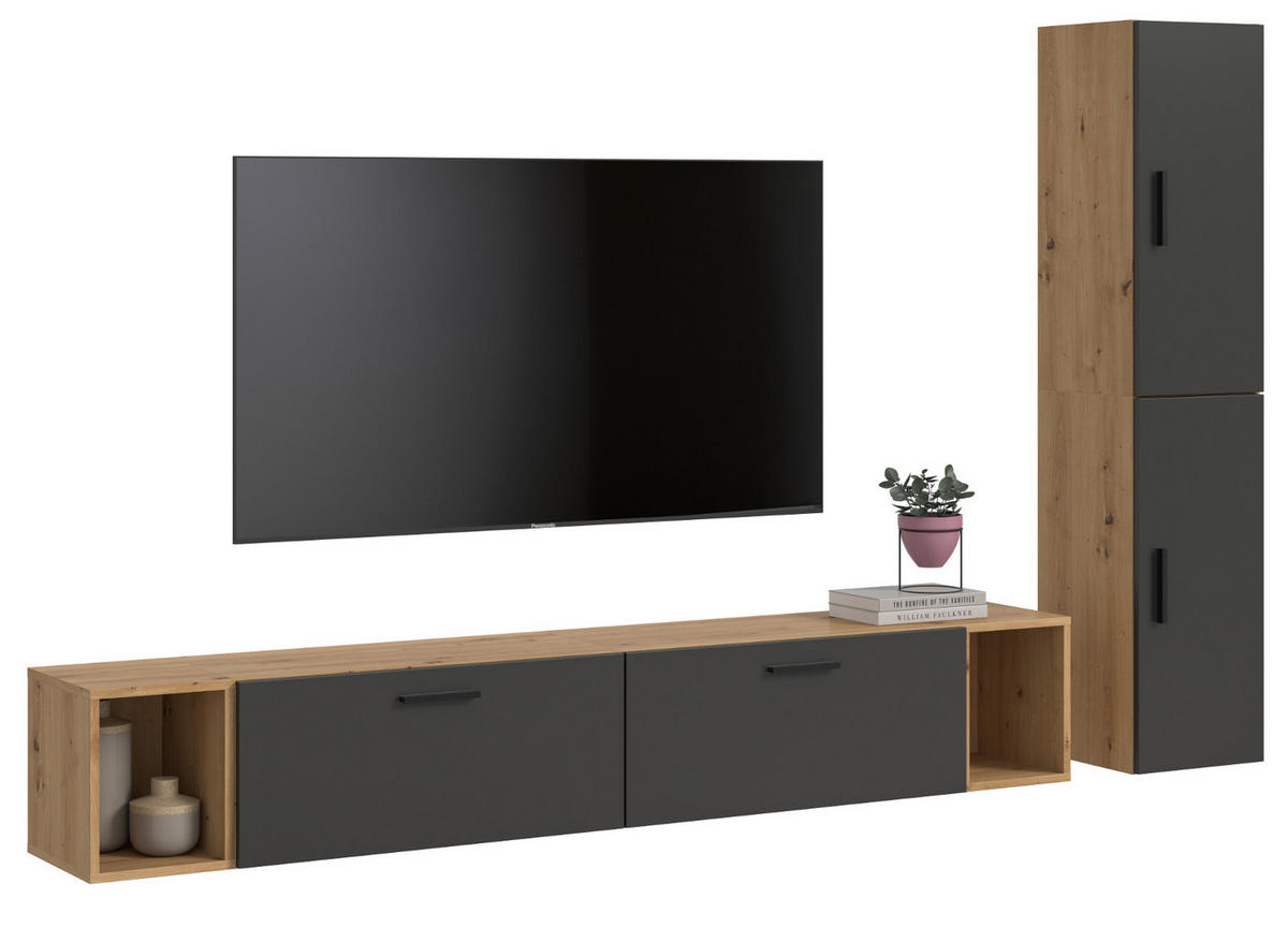 WOHNWAND grau, Eiche Artisan 249 x 184 cm, Wohnkombination hängend / stehend - Schwarz/Eiche Artisan, Holzwerkstoff/Kunststoff (249/184/34cm) - Inn.Furn