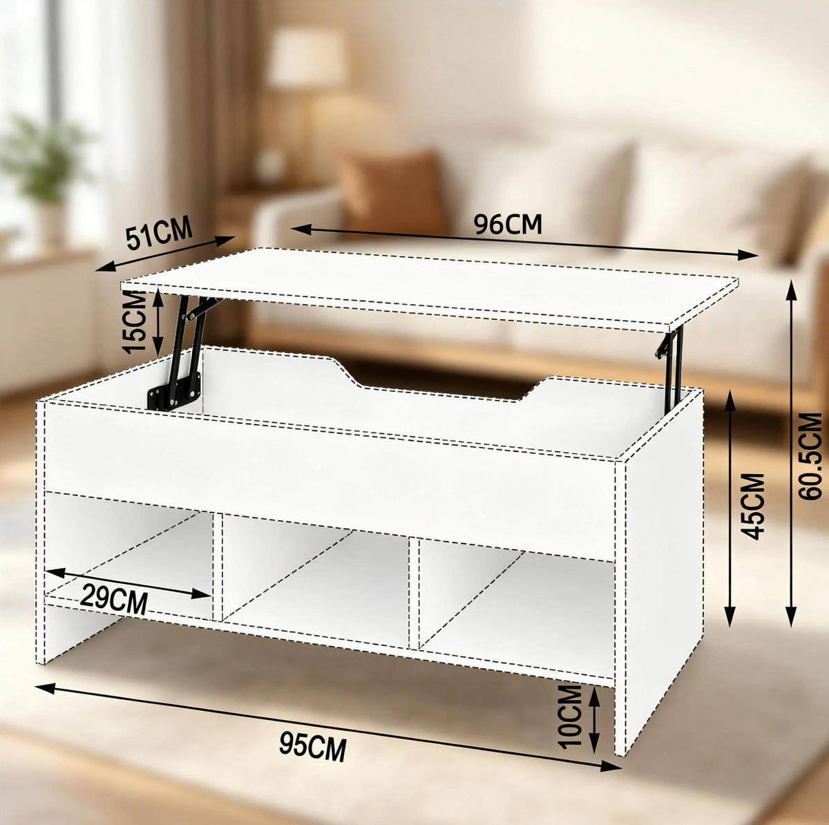 COUCHTISCH 96/51/45 cm mit Lift-Top, Stauraum und Gasdruckfeder, Holz und Metall, Weiß - Weiß, Holzwerkstoff (96/51/60.5cm) - Redom
