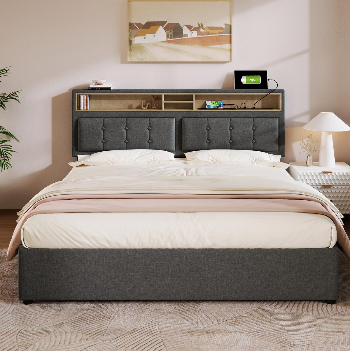 POLSTERBETT mit Matratze, 4 Schubladen und USB 140x200 cm Grau - Grau, Metall (140/200cm) - Meubliv