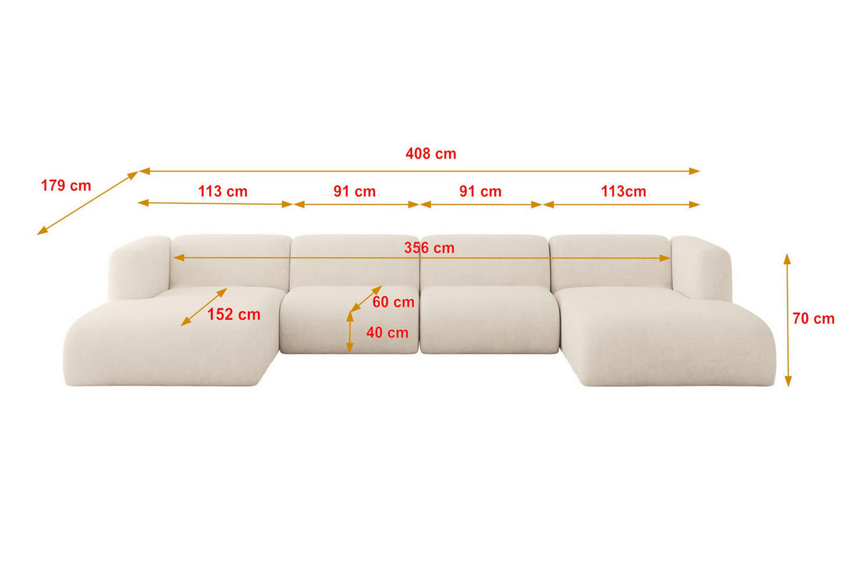 WOHNLANDSCHAFT MIRA-U2 408x179x70 Beige Velours - Greige/Beige, Holzwerkstoff/Kunststoff (408/70/179cm) - ALTDECOR