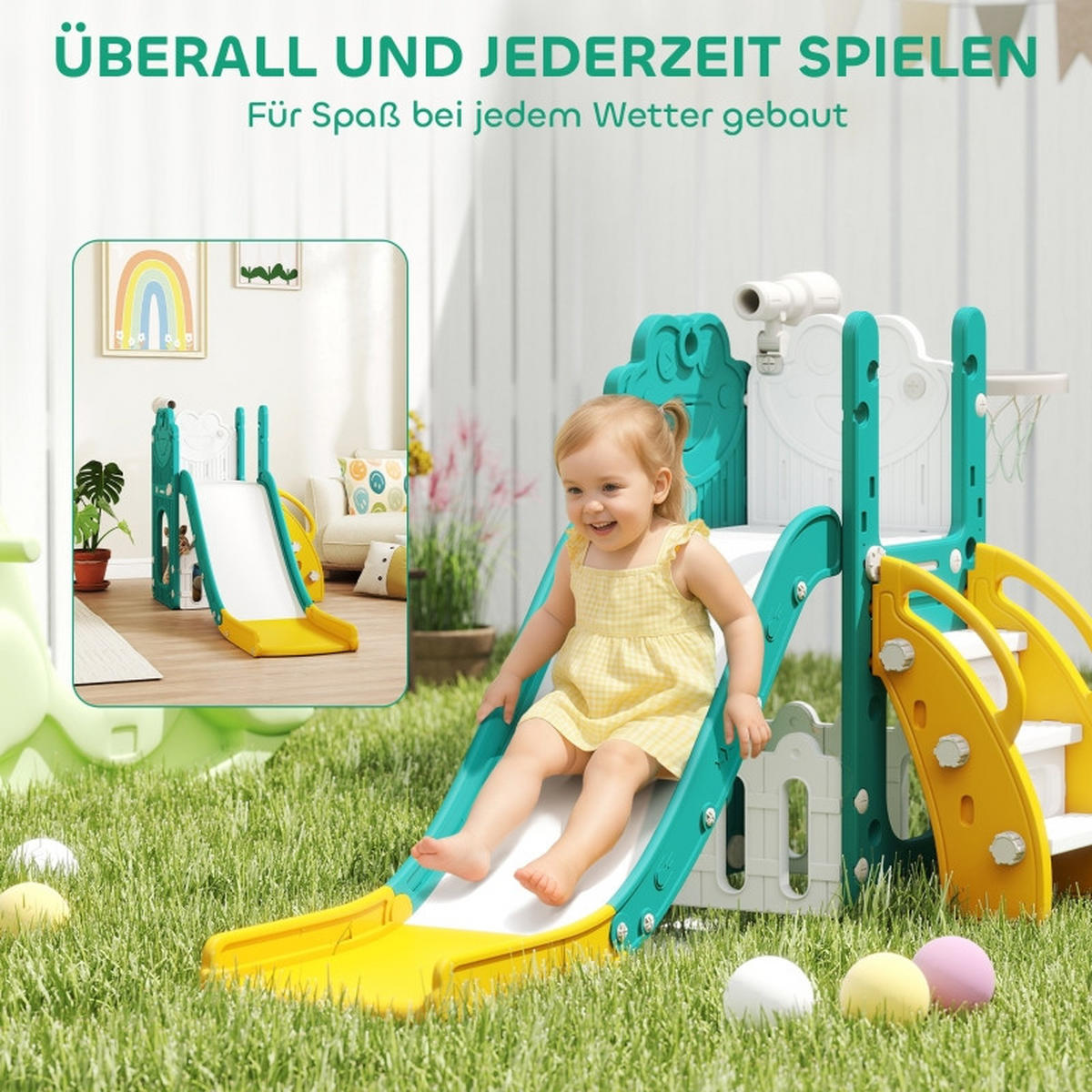 KINDERRUTSCHE 5-in-1 und Basketballkorb Kunststoff Gelb/Grün - Gelb, Kunststoff (70/86/178cm) - Korfee