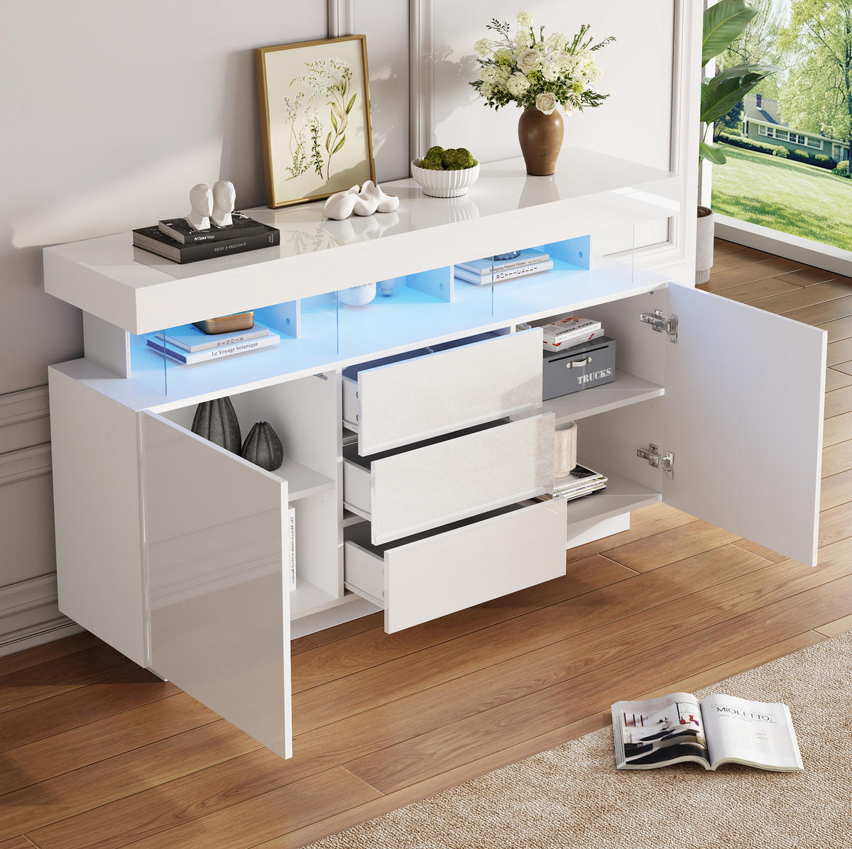 SIDEBOARD 140/35/80 cm in Weiß Hochglanz mit 3 Schubladen & LED-Beleuchtung - Weiß, Holzwerkstoff (140/80/35cm) - BEAOK