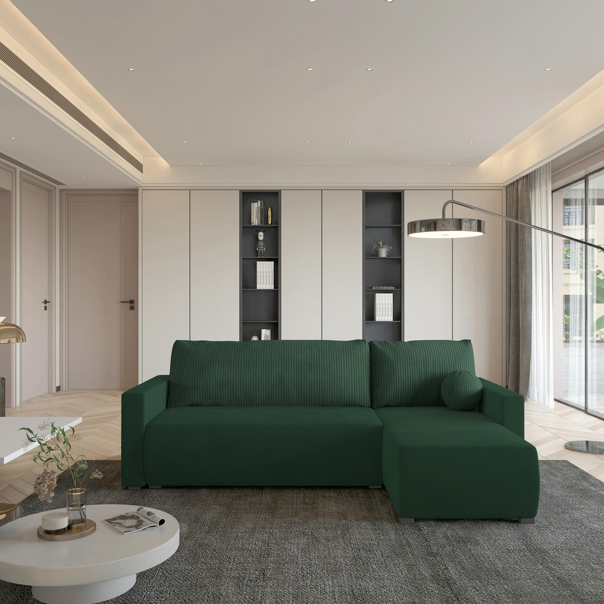 ECKSOFA SORGE Grün Plüsch-Stoff mit Schlaffunktion - Grün, Holz (220/143cm) - MASSENO