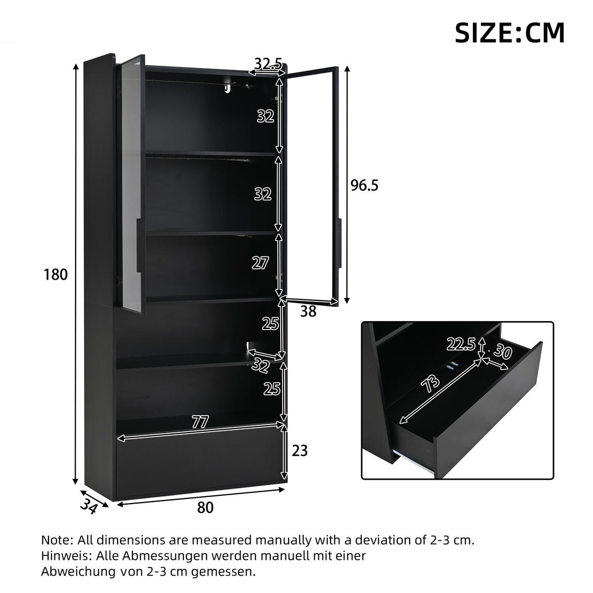VITRINE schwarz mit Glastüren, einer Schublade und App-gesteuerter LED-Beleuchtung 80 × 34 × 180 cm aus MDF und Glas - Schwarz, Holzwerkstoff (80/180/34cm) - Luhomfu
