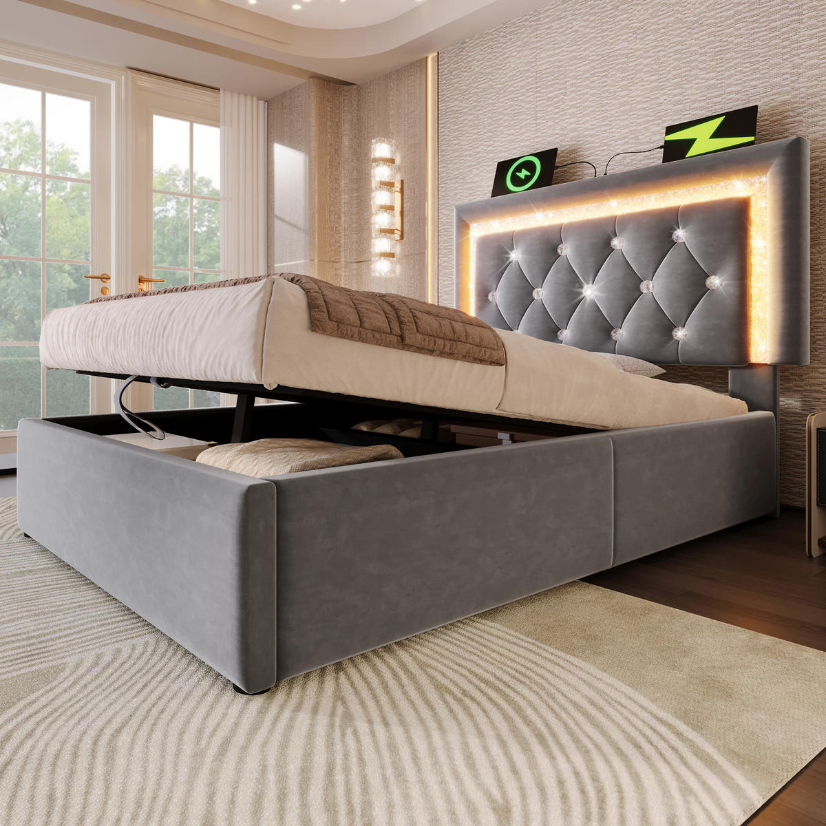 POLSTERBETT 90/200 cm Grau aus Samt mit LED-Beleuchtung und Bettkasten - Grau, Textil (90/200cm) - OKWISH