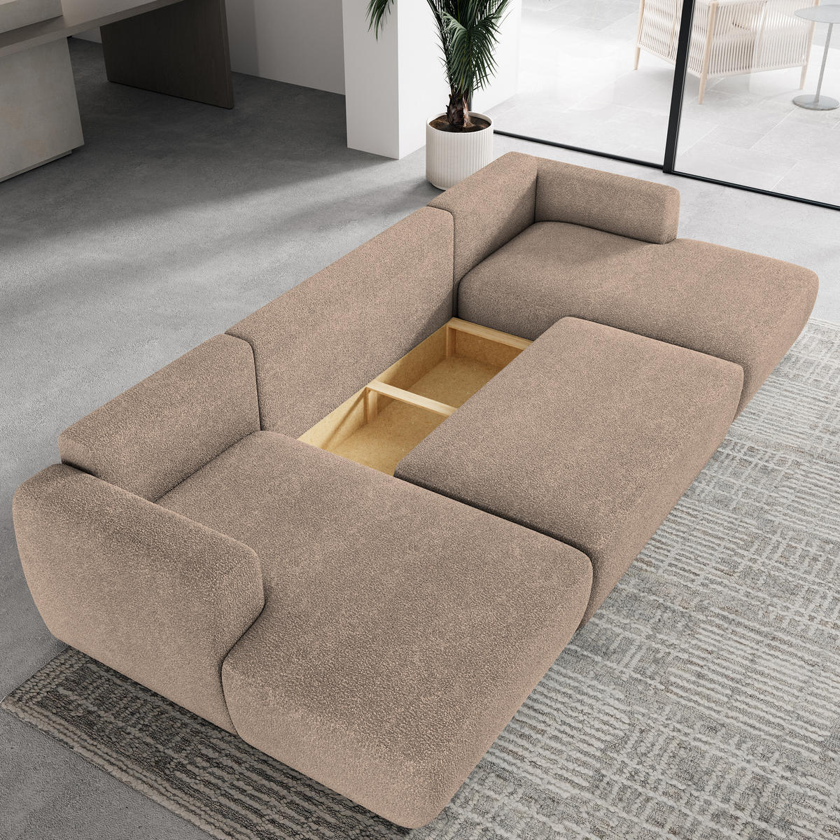 WOHNLANDSCHAFT SENTUM N Beige Boucle-Stoff mit Schlaffunktion - Beige, Holz (330/90/148cm) - MASSENO