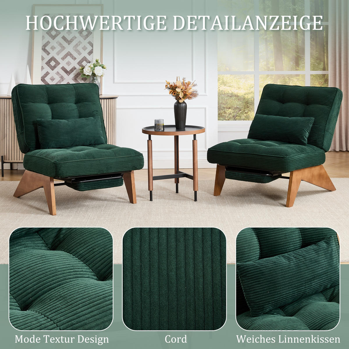 SCHAUKELSTUHL Smaragd Cord mit Fußstütze, Lendenkissen und Holzbeinen - Smaragdgrün, Textil (73/90/127cm) - Oxeza
