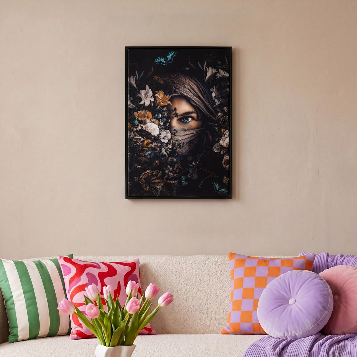 LEINWAND Bilder mit Rahmen - Frau - Luxus - Blumen - Schmetterling - Porträt - 40x60 - Schwarz, Textil (40/60cm) - MuchoWow