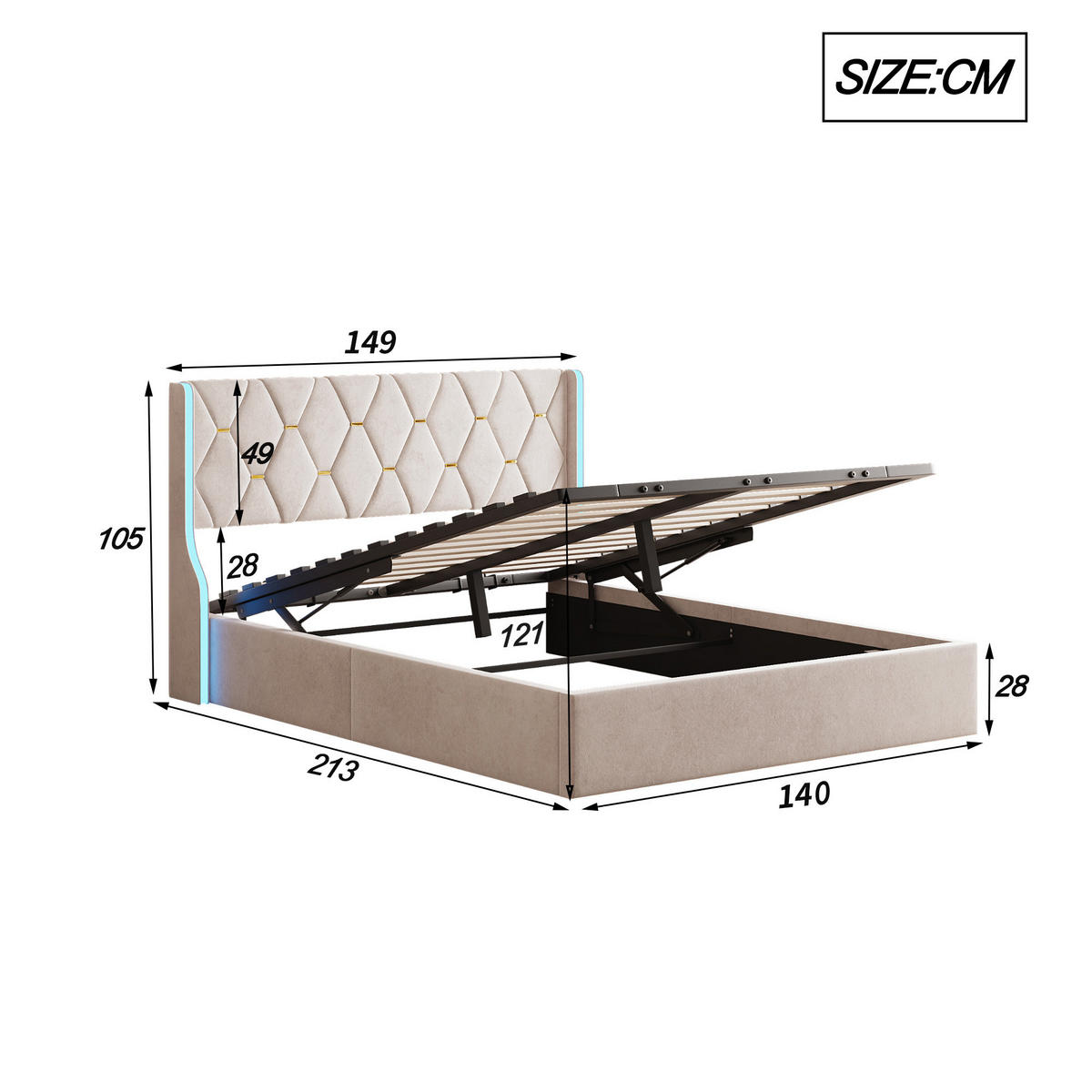 POLSTERBETT 140x200 cm mit LED, Doppelbett 140x200 cm mit Bettkasten, Lattenrost, Bett 140x200, Beige samt - Beige, Holzwerkstoff/Textil (140/200cm) - GENKI LIVING