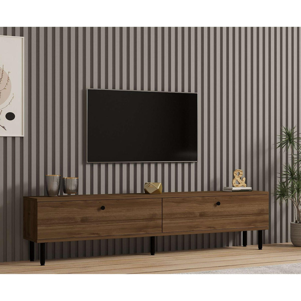 TV-MÖBEL mit 2 Klappen in Nussbaumdekor und schwarzen Metallfüßen 160/25/37 cm - Nussbaumfarben, Holzwerkstoff (25/37/43cm) - Calicosy