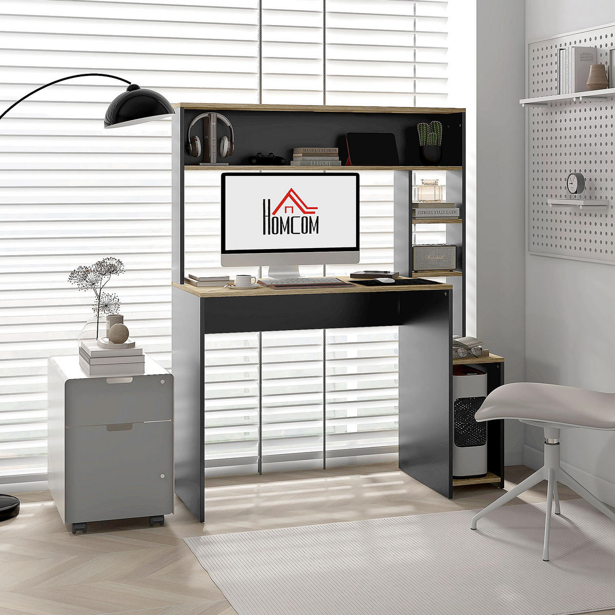 SCHREIBTISCH mit Regalen und PC-Halterung für das Homeoffice 114/45/138 cm - Grau, Holzwerkstoff (45/114/138cm) - PANGIVO