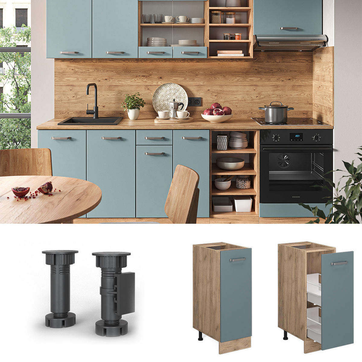 APOTHEKERSCHRANK R-Line Blau-Grau 30 cm, AP Anthrazit - Eiche Wotan/Blaugrau, Holzwerkstoff (30/81.6/60cm) - Vicco