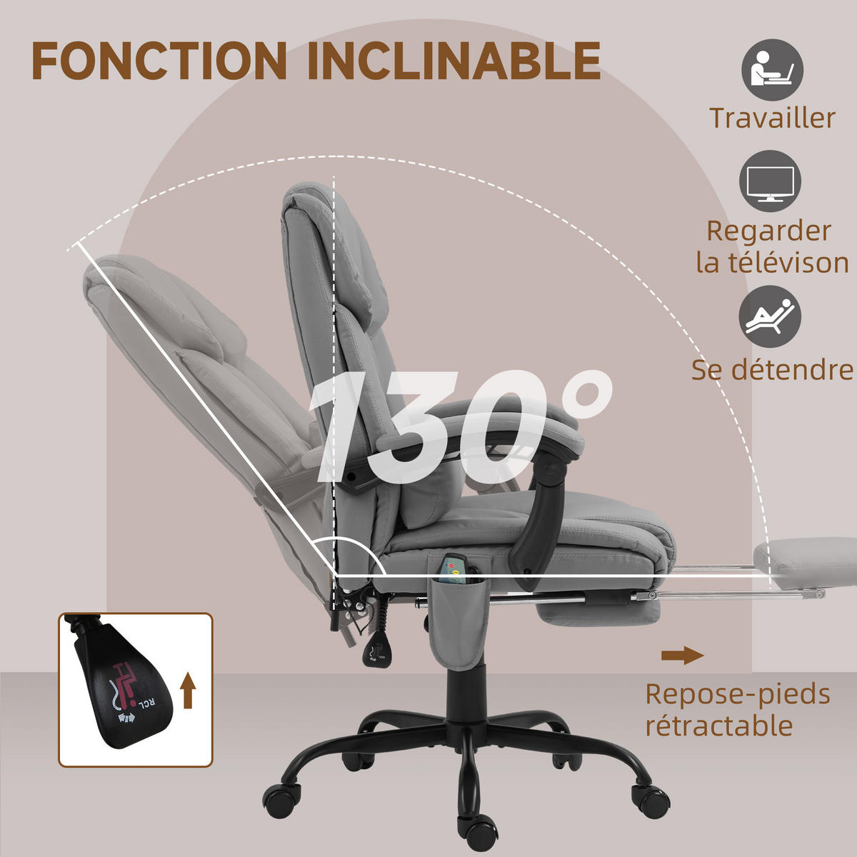 DREHSTUHL DE-11704 Massagefunktion mit Fußstütze & neigbarer Rückenlehne - Grau, Metall (75/122/66cm) - ComfortXL