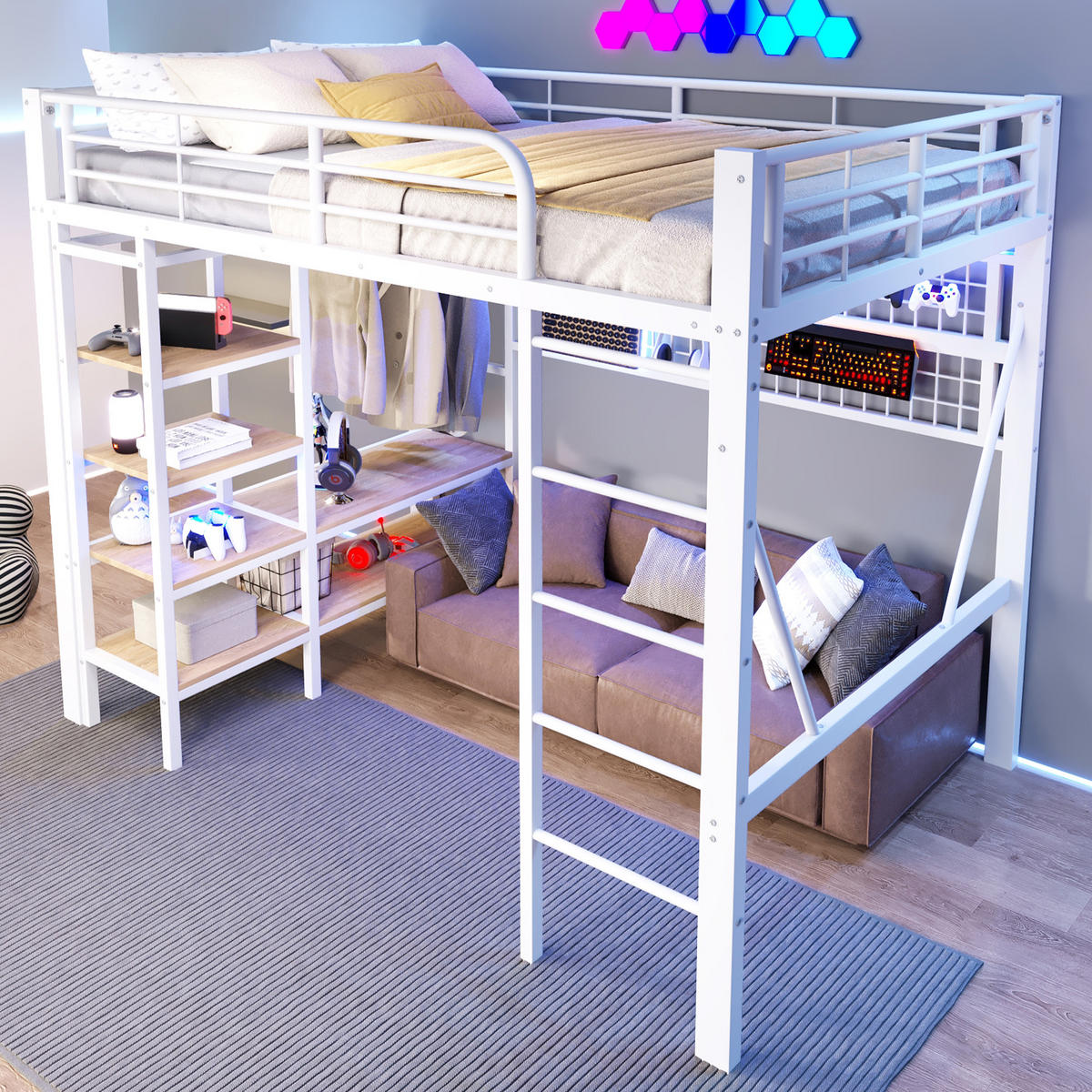 HOCHBETT 140/200 cm weiß aus Metall mit LED-Lichtleiste und Ablagefach - Weiß, Metall (140/200cm) - OKWISH