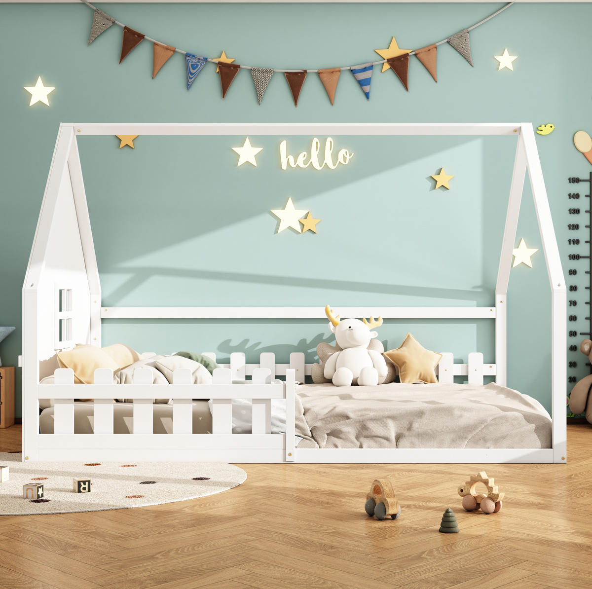 POLSTERBETT aus Kiefernholz und MDF 140x200 cm Weiß mit Hausdesign und Geländer - Weiß, Holzwerkstoff (140/200cm) - Modfu