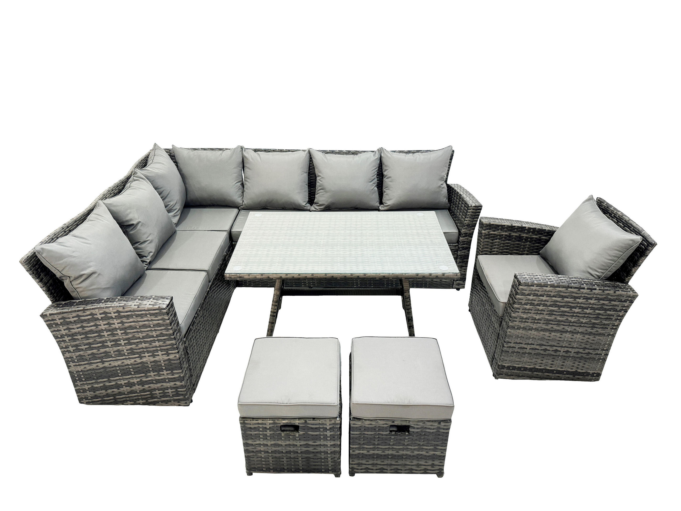 GARTENLOUNGE mit Ecksofa Polyrattan Dunkelgrau 9-Sitzer - Dunkelgrau/Grau, Glas/Kunststoff - Fimous