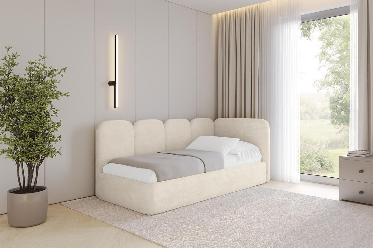 EINZELLBETT Jugendbett mit Bettkasten, Links - VELY 90x200 Beige - Beige, Holzwerkstoff/Textil (90/200cm) - ALTDECOR