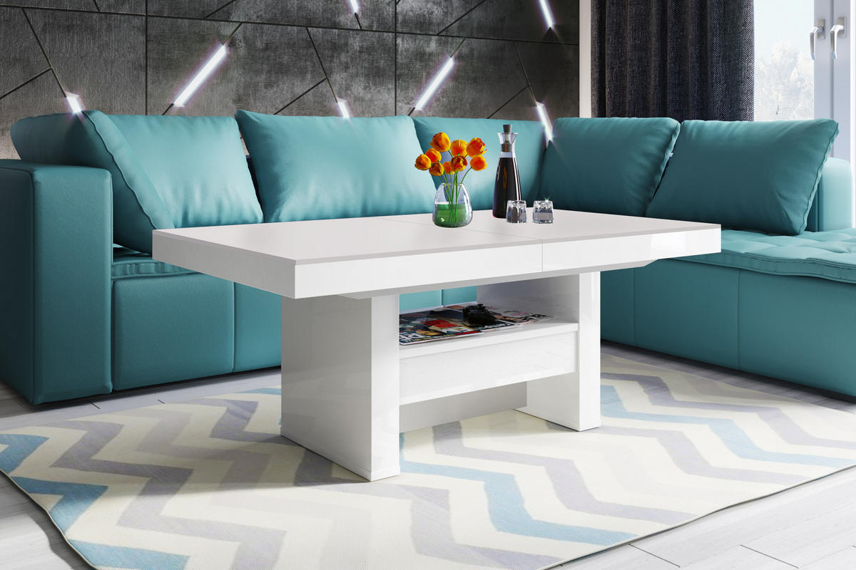 COUCHTISCH rechteckig Hellgrau Beigeton matt Weiß Hochglanz Höhenverstellbar ausziehbar 12/75/55 cm - Weiß Hochglanz/Beige, Holzwerkstoff (75/120/55cm)