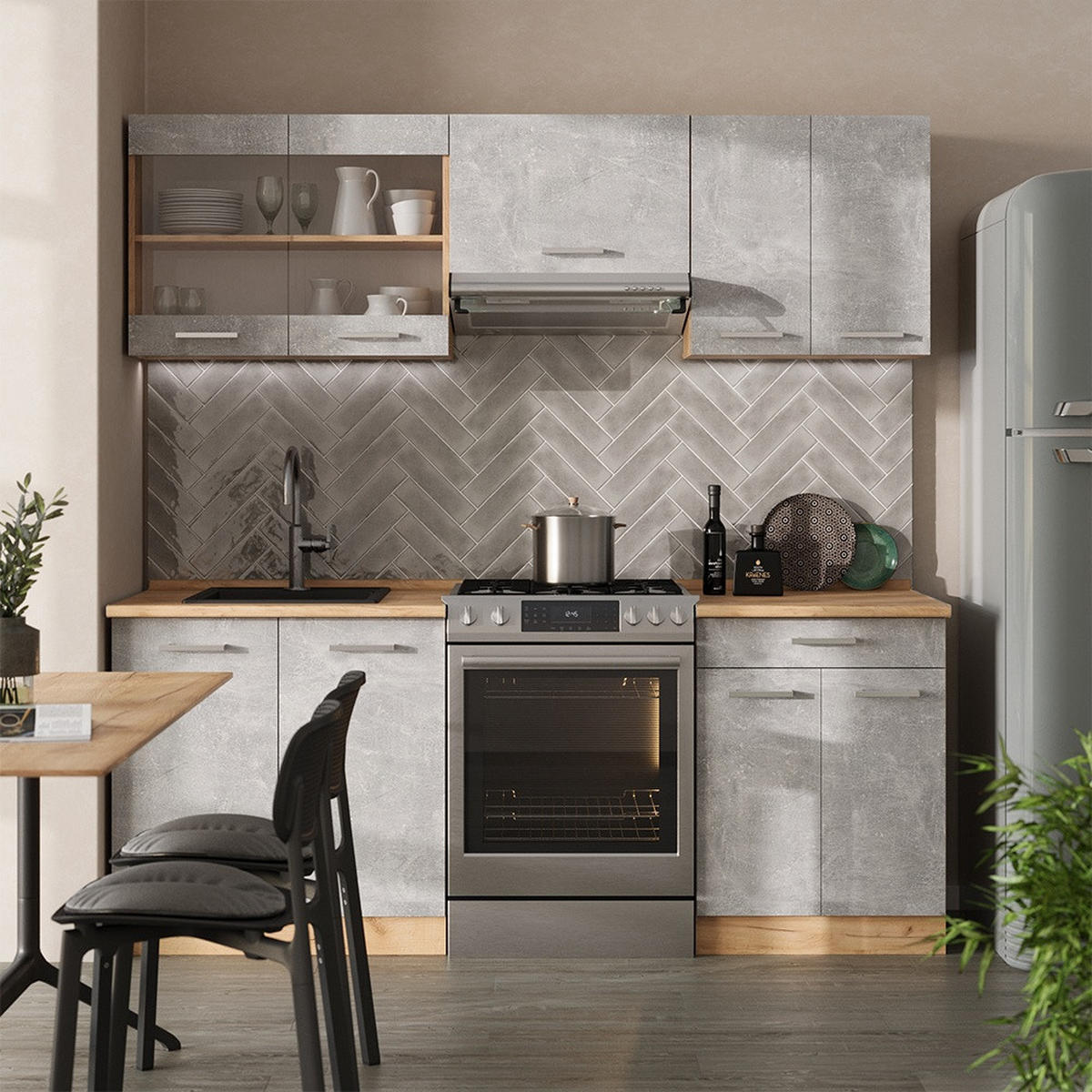 KUHINJSKI BLOK R-Line Beton/zlati hrast 200 cm , DP Marmor - siva/medeni hrast, leseni material (200/81.6/60cm) - Vicco