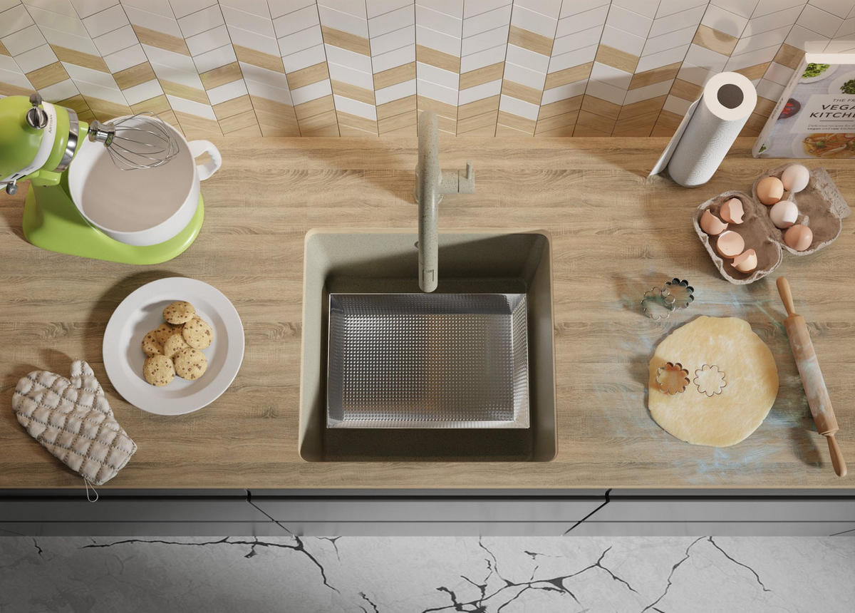 UNTERBAUSPÜLE GRANIT Venedig Easy, 2-er set Beige 46/44 cm 1 Becken + Ablauf-Set ab 50er Unterschrank - Chromfarben/Beige, Kunststoff (46/20/44cm) - Primagran