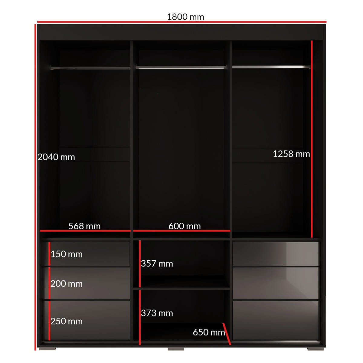 SCHIEBETÜRENSCHRANK mit Schubladen Torino 3D 180 Schwarz (Lacobel) - Silberfarben/Schwarz, Holzwerkstoff/Metall (180/204/65cm) - mzm24
