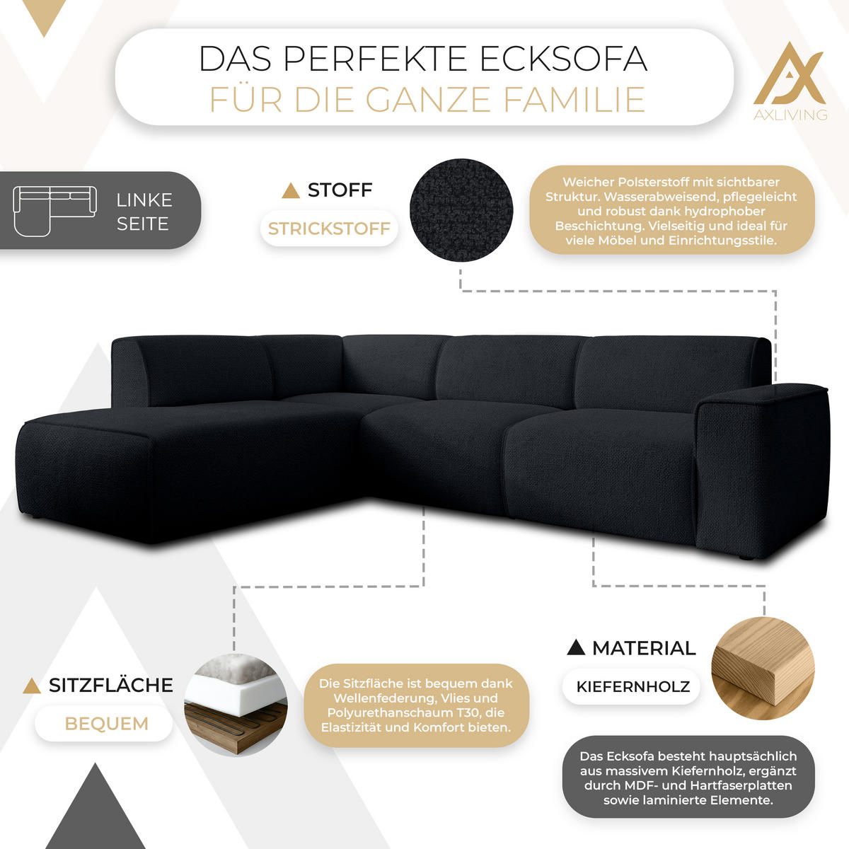 ECKSOFA L Form Didim Schwarz 292/220/78 cm – großes Sofa stilvoll & bequem L - Schwarz, Kunststoff/Textil (220/292cm) - AX Living