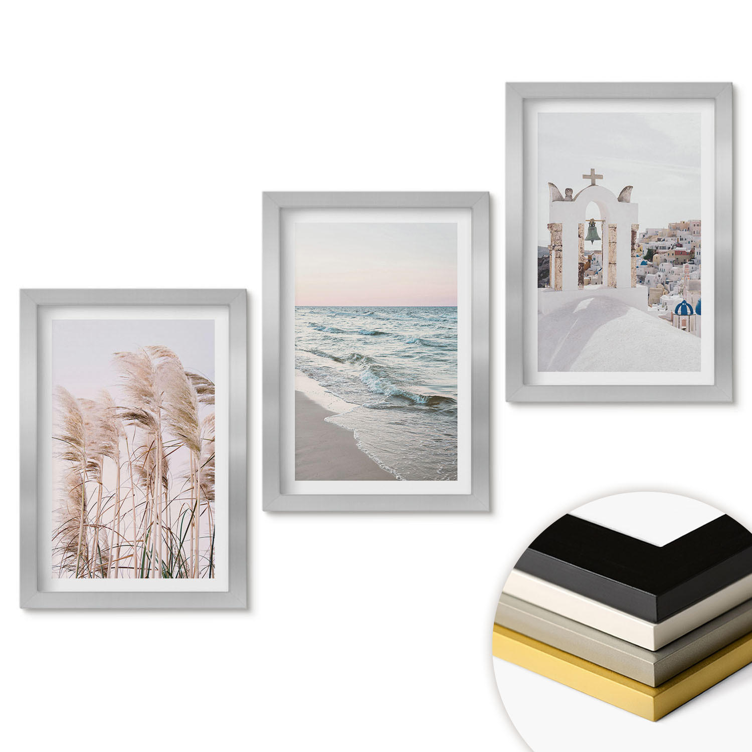 WANDBILDER 3er Set - 20x30 cm Silberner Rahmen - Pflanzen, Meereswellen, Aussicht, Häuser - Silberfarben, Kunststoff (20/30cm) - ArtPrintCave