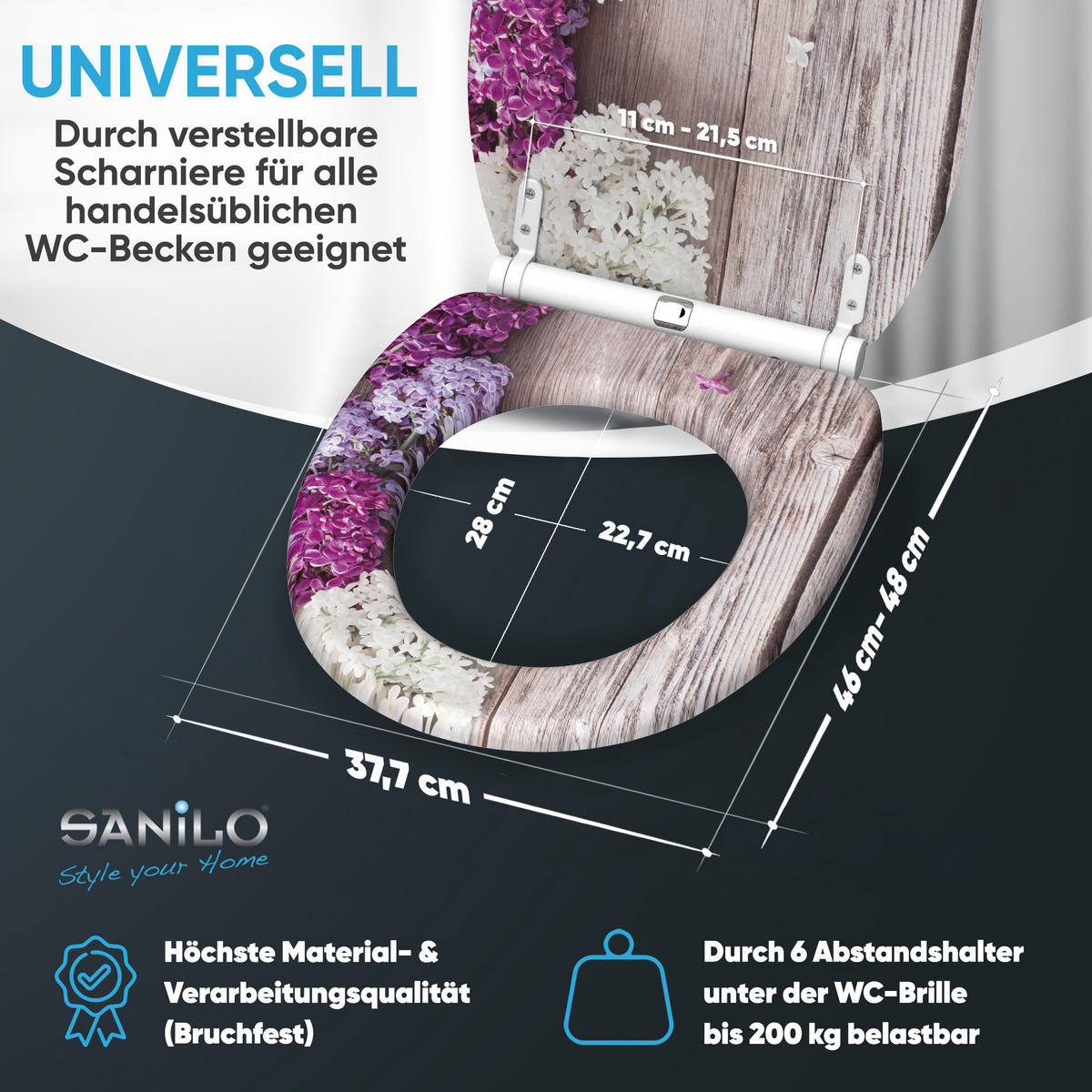 WC-SITZ mit Absenkautomatik & Top Fix Flieder - Violett, Holzwerkstoff (37.7/5.5/48cm) - Sanilo