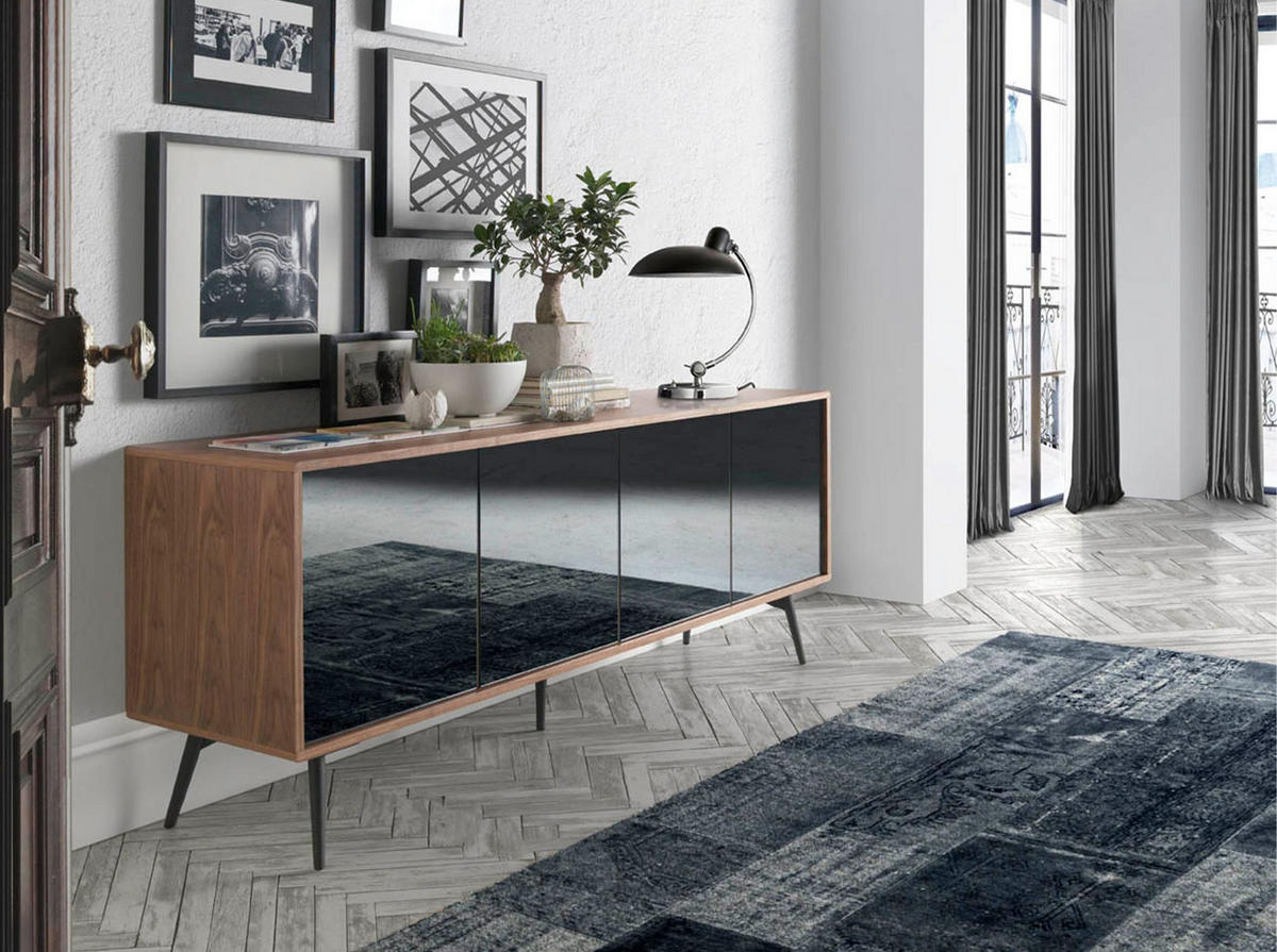 SIDEBOARD Sideboard aus schwarzem Glas mit Spiegeleffekt, Walnuss und schwarzem Stahl 180/50/76 cm - Walnussfarben/Schwarz, Holz (180/76/50cm) - ANGEL CERDA