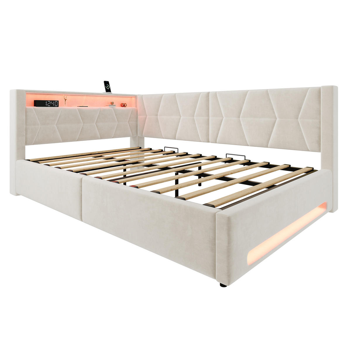 POLSTERBETT 140/200 cm in Beige mit Bettkasten, LED, USB und Type-C aus Samt mit Kopfteil - Beige, Holzwerkstoff/Textil (140/200cm) - STILVORA