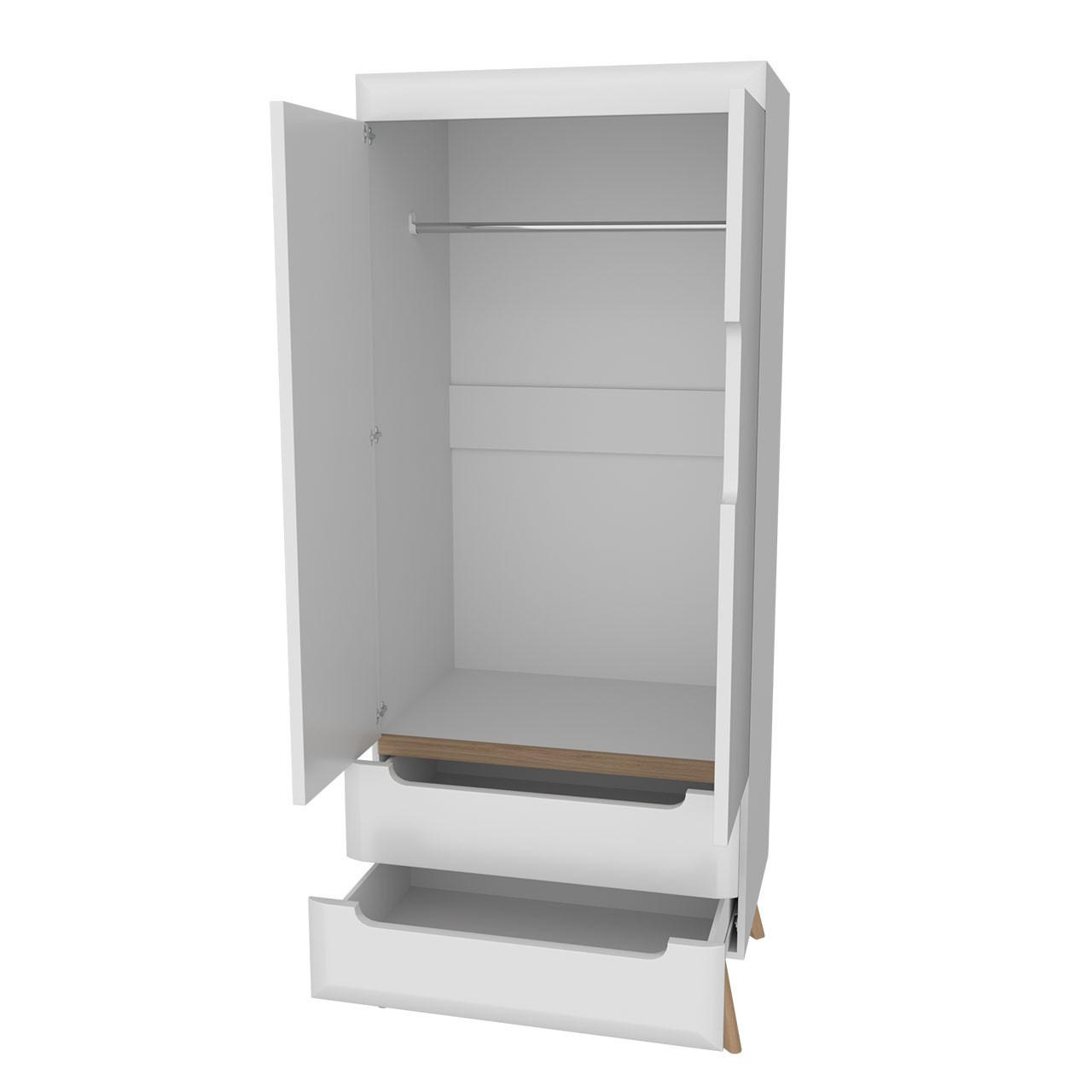 KLEIDERSCHRANK Nodis Weißer Glanz, Schrank mit Schubladen - Weiß/Braun, Holzwerkstoff (80/197/56cm) - Bettso