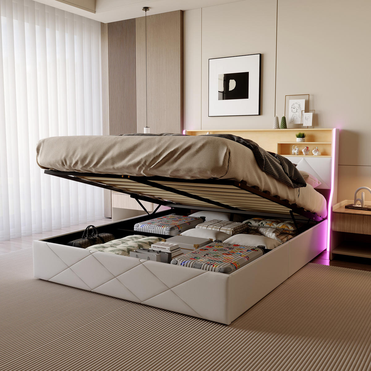 POLSTERBETT 140x200 cm LED USB Stauraum Lattenrost PU Leder weiß - Weiß, Holz (140/200cm) - LEBENLANG