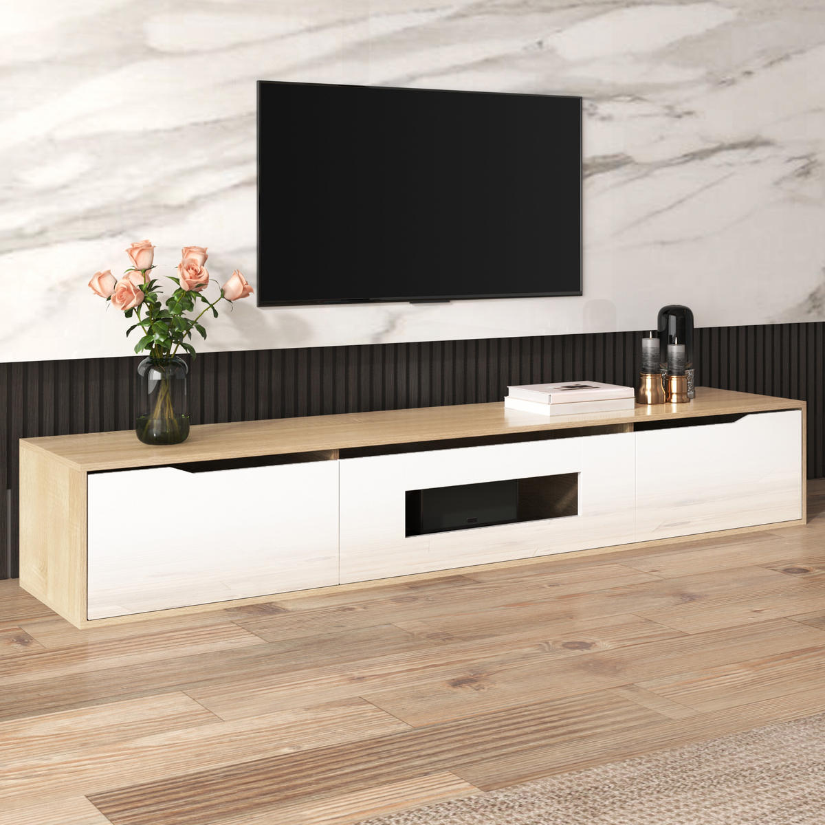 LOWBOARD Hochglanz Weiß Holzoptik LED 16 Farben Wandmontage modern TV Board einfache Montage - Weiß/Naturfarben, Holzwerkstoff (180/30/35cm) - EVRYAE