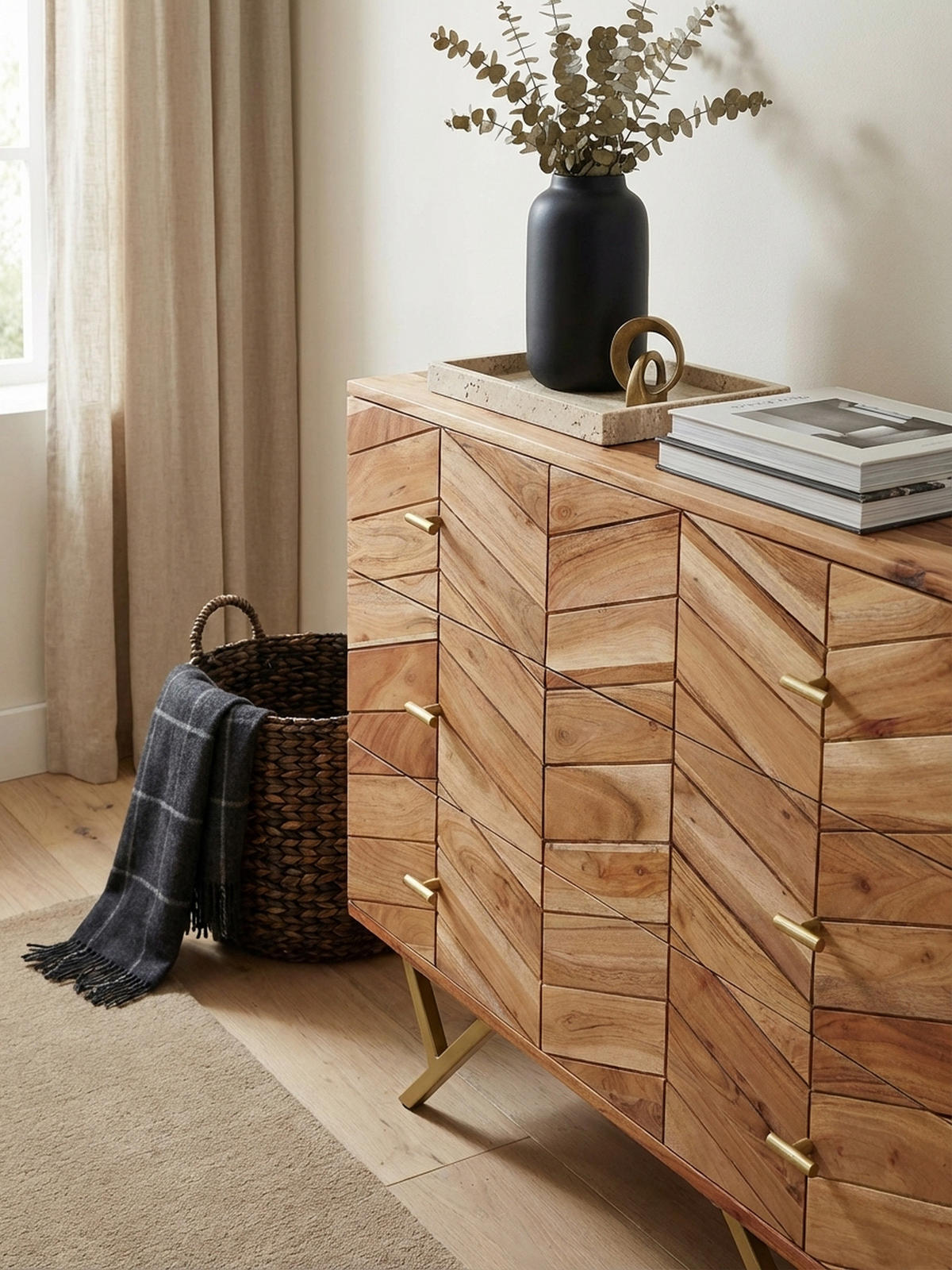 SIDEBOARD – Akazie Massivholz, rustikal, mit Muster, Landhausstil - Beige/Goldfarben, Holz/Metall (90/86/40cm) - KADIMA DESIGN