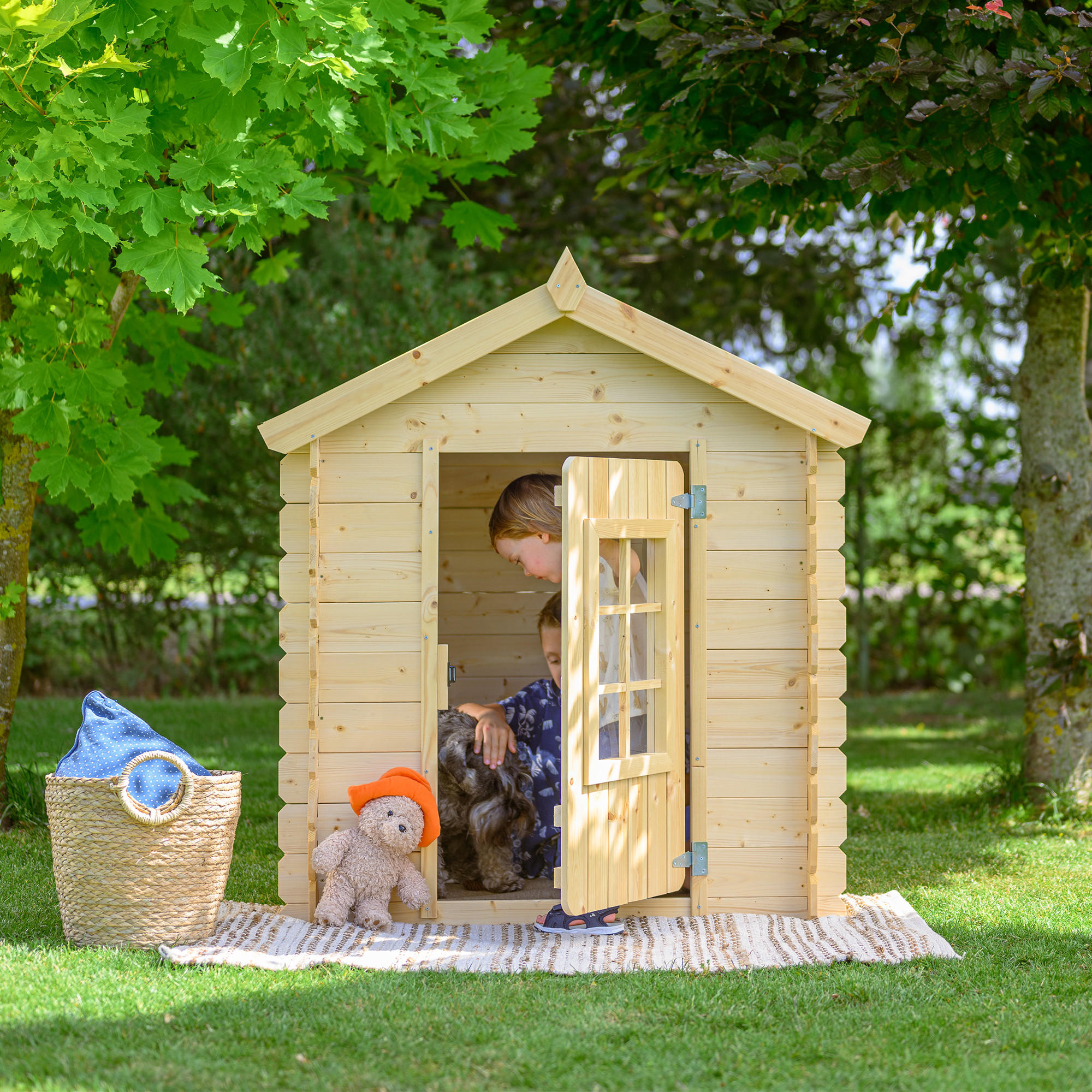 KINDERSPIELHAUS aus Holz - 111x113xH121 cm/0.9 m2 - M570R-1 - Hellrosa/Beige, Holz (114/121/111cm) - Timbela