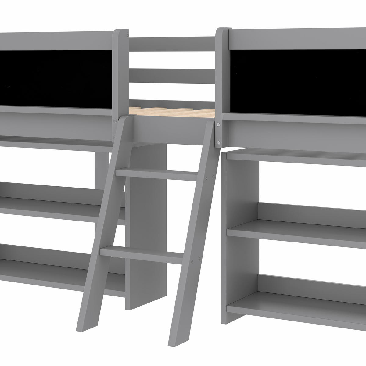 HALBHOHES BETT 90x200cm Grau Kiefer Einlegeböden Geländer Leiter - Grau, Holz (90/200cm) - FLIEKS