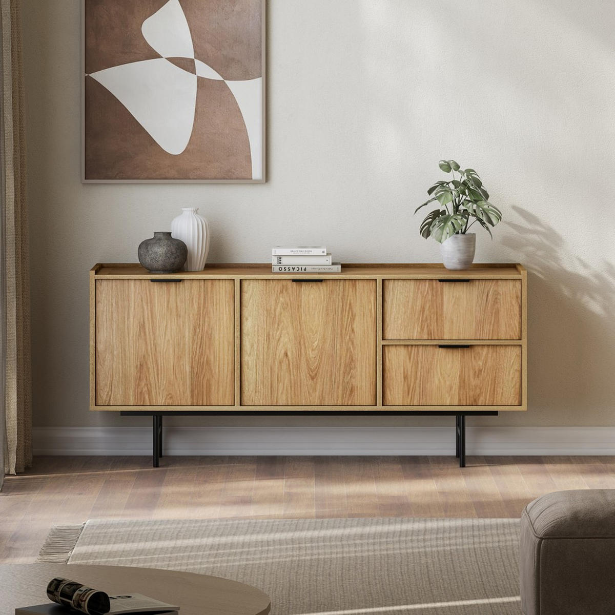 KOMMODE Evron mit 2 Schubalden und 2 Türen, Hikora Eiche - Eichefarben/Schwarz, Holzwerkstoff/Metall (150/68/40cm) - Beautysofa