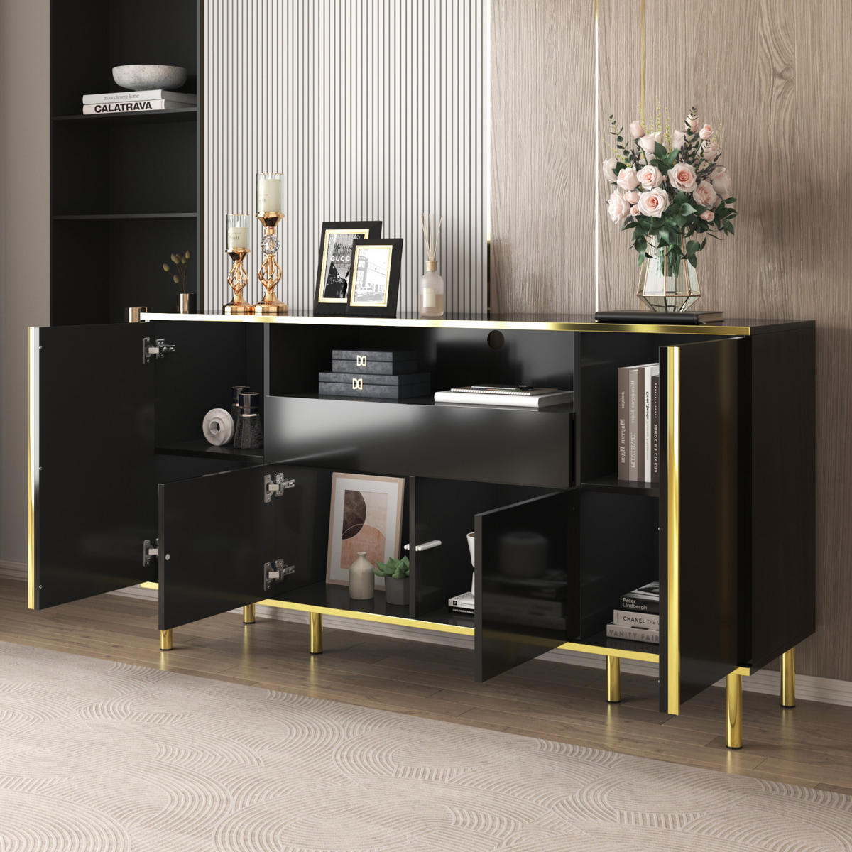 SIDEBOARD Schwarz, 4 Türen, 2 Schubladen, LED - Schwarz, Holz (150/80/40cm)